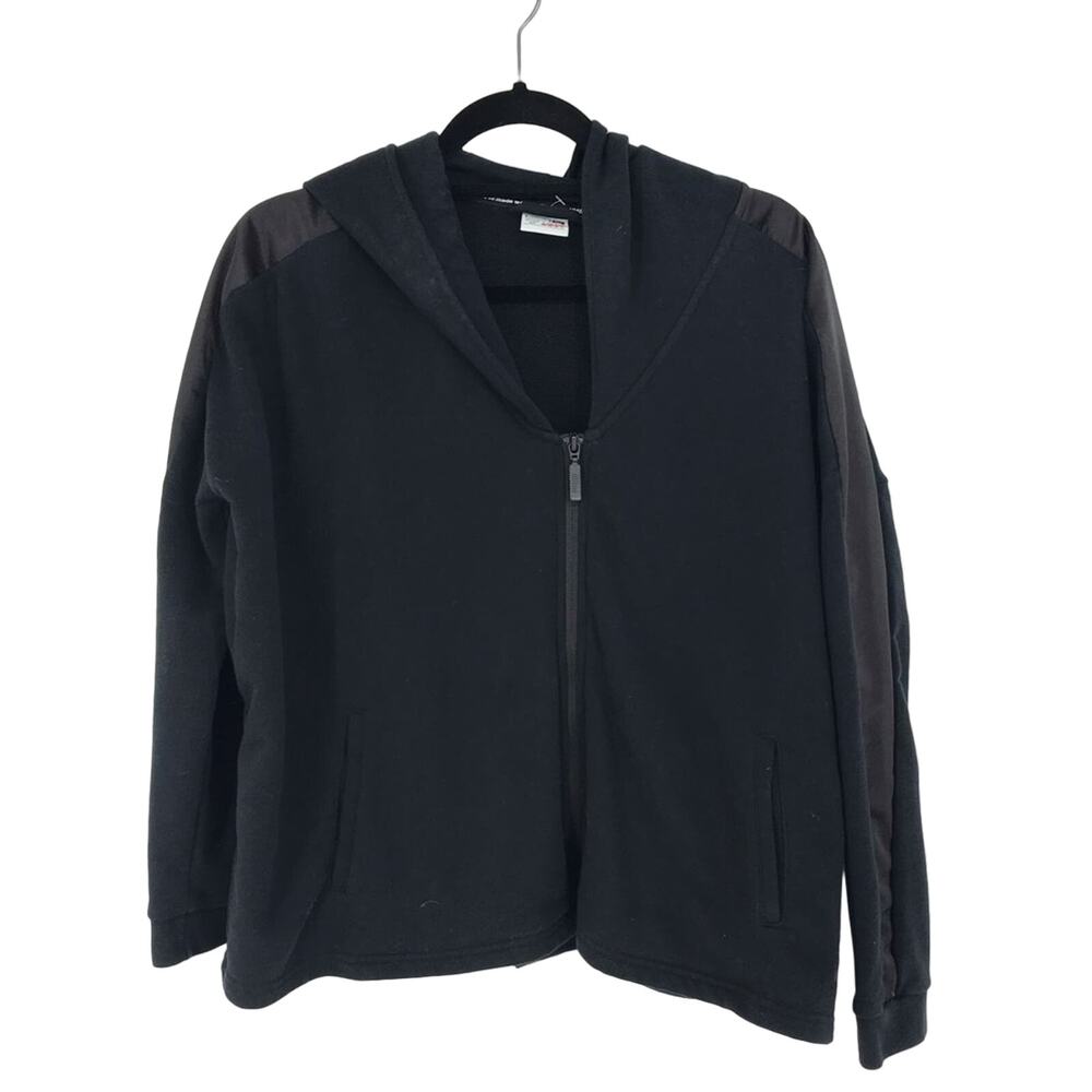 Puma Women's Small Full Zip Black Hooded Sweatshirt Satin Ribbon Stripe Back Tie